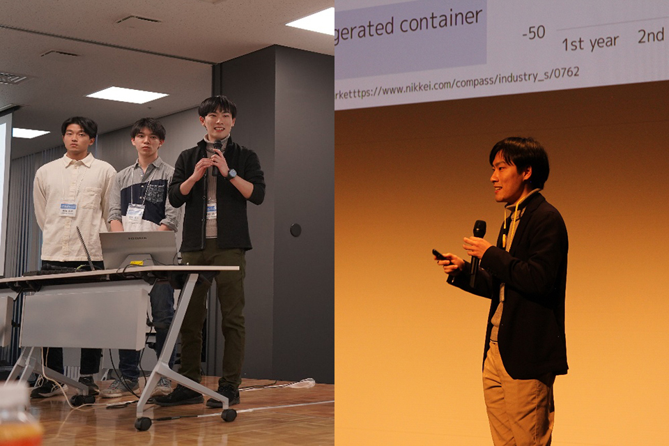 左：未踏アドバンストでの発表の様子 右：J-StarXプログラムでの発表の様子